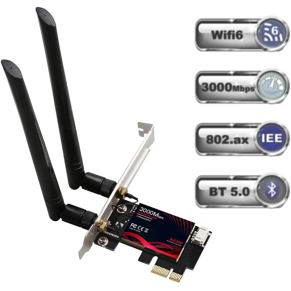 WiFi 6 PCIe WiFi Card for PC with Shield Cover| 802.11AX Dual Band 2.4G/574M 5.8G/2400M Wireless Network Card | Bluetooth 5.0 | Intel AX200 | MU-MIMO | Low Latency | Support Win 10 64bit