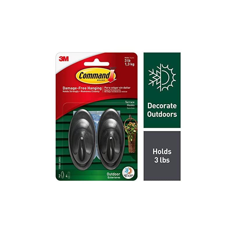 Outdoor Medium Terrace Hooks, Black, 3 lb Capacity, Water-Resistant Strips, 2-Hooks, 4-Strips, Decorate Damage-Free