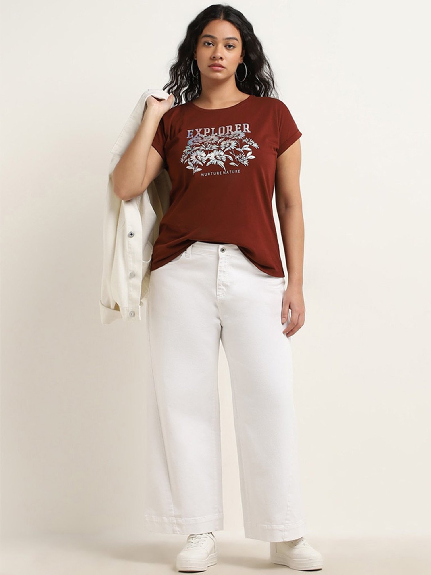 Gia by Westside Brown Text Printed Cotton T-Shirt