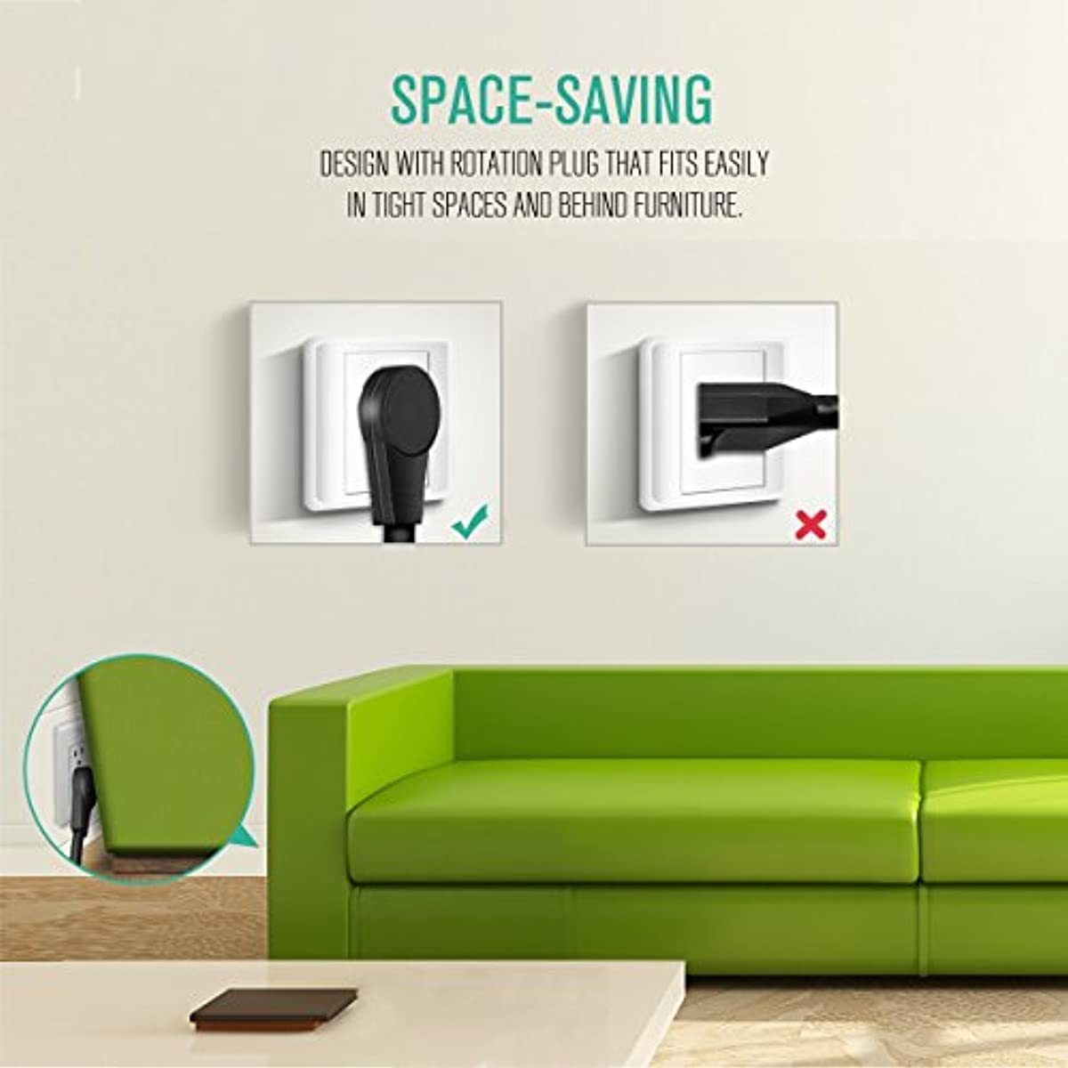 Nekteck Extension Cord, 3 Prong Power Cord 14AWG Extension Cable with 360 Degree Rotating Flat Plug (6 Pack)