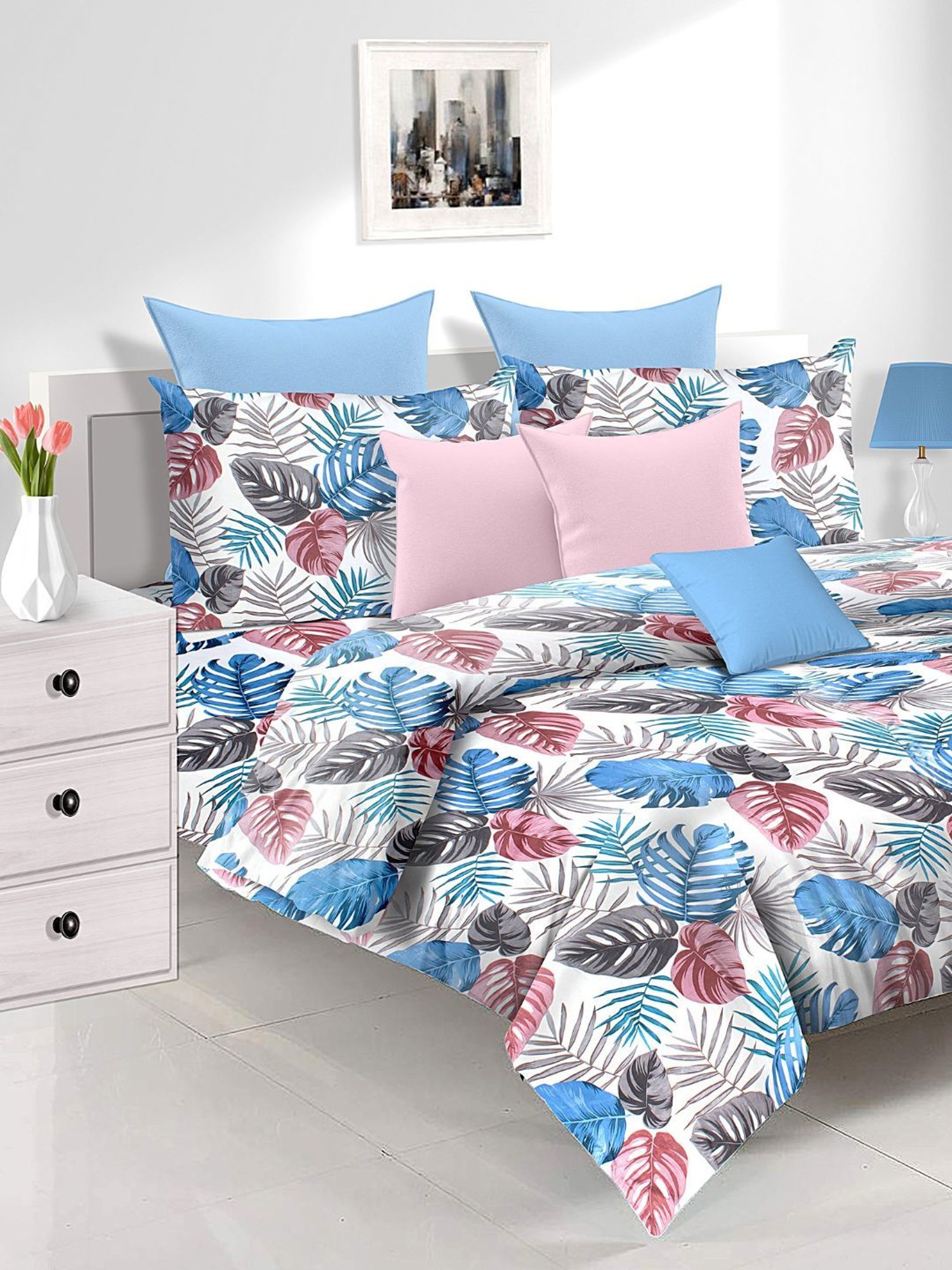 @home Utopia Foliole Floral Blue 110 GSM Cotton Blend Double Bed Sheet with 2 Pillow Covers