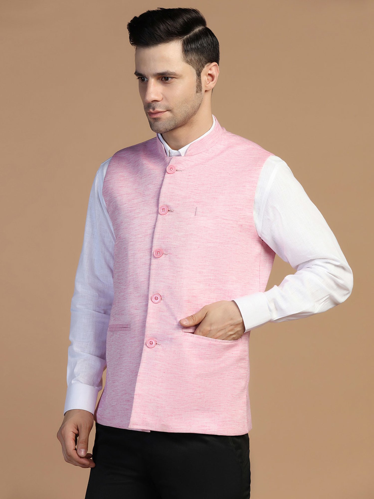 TAHVO Pink Melange Regular Fit Nehru Jacket