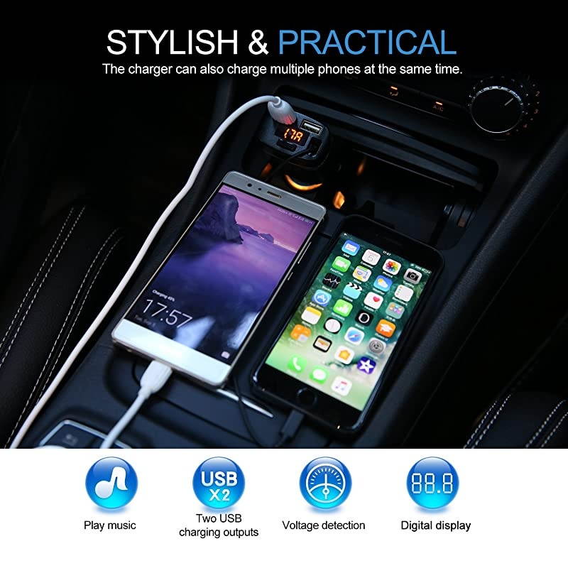 Car Chargewith 28 ft Micro USB Retractable Cable2 USB Ports Quick Charge48A24W and LCD Voltage and Current Monitoring Digital Display