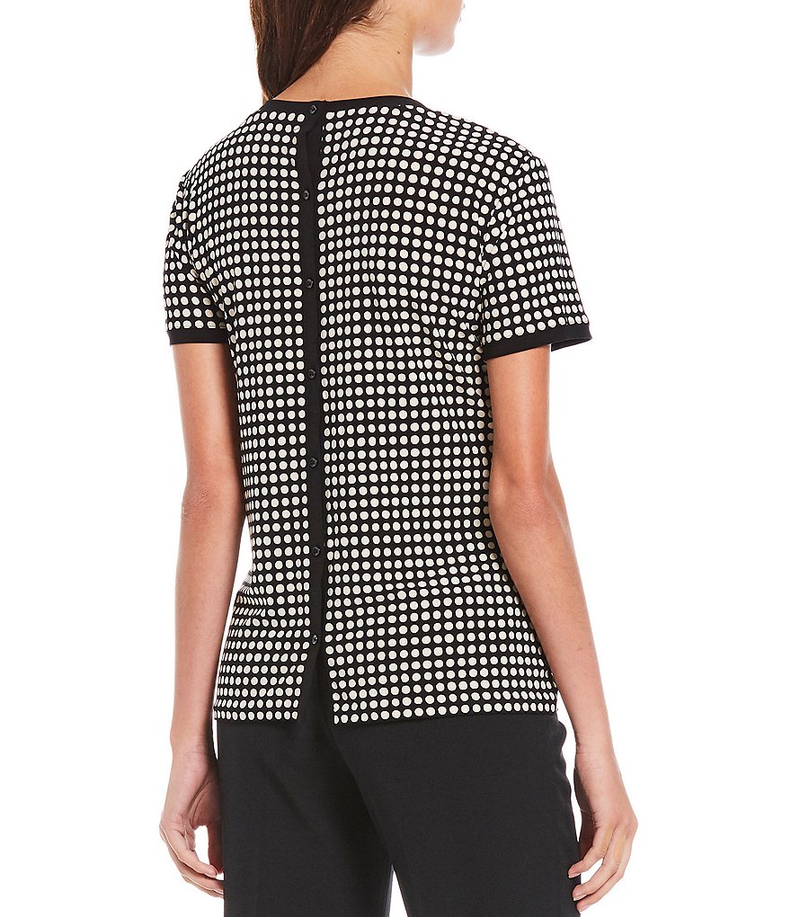 Anne Klein Dot Print Knit Jersey Short Sleeve Crew Neck Button Back Top