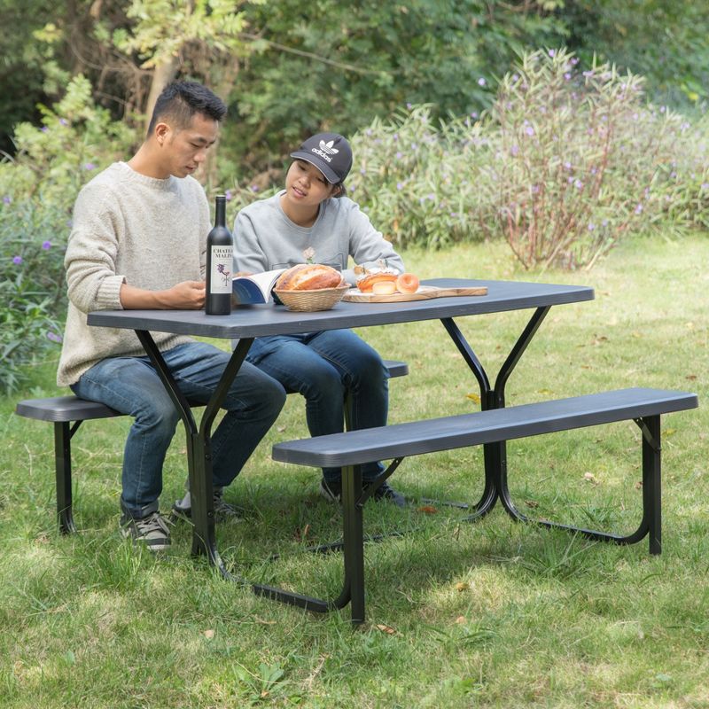 Gardenised Outdoor Woodgrain Picnic Table Set with Metal Frame, Gray