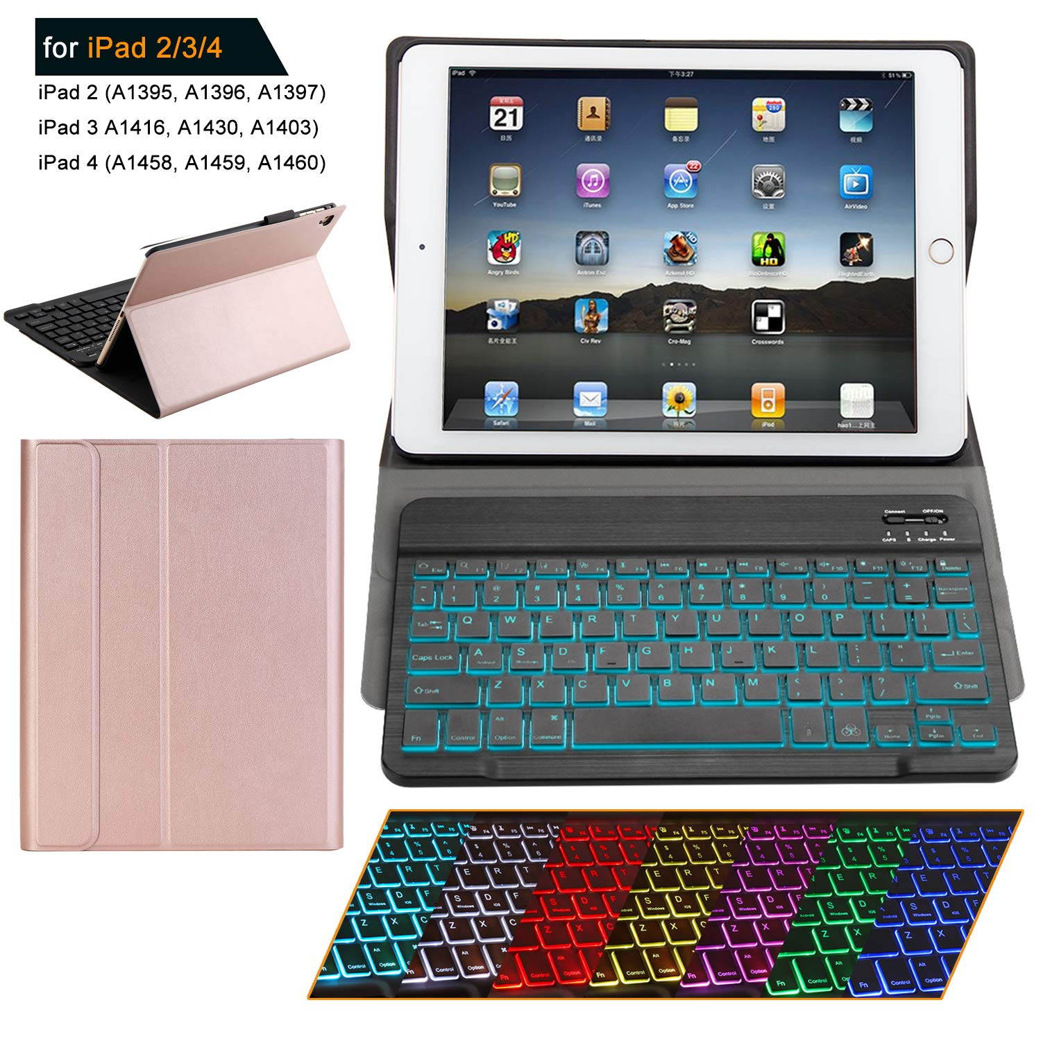 iPad 2 iPad 3 iPad 4 Keyboard Case with Backlight Thin Lightweight PU Leather Removable Wireless Bluetooth Backlit Keyboard Slim Folio Cover Soft Protection for Apple iPad 2nd 3rd 4th Generation