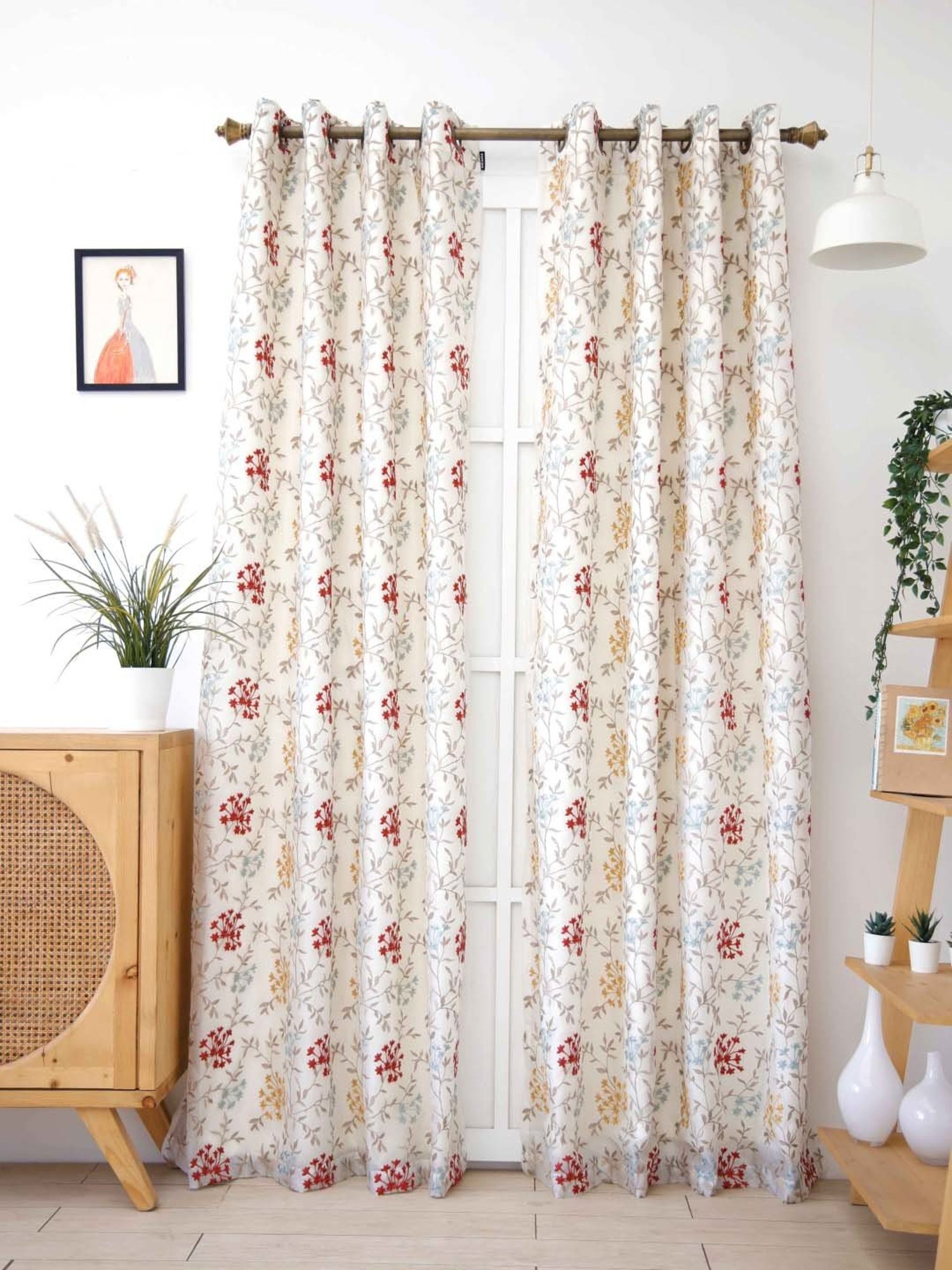 Ariana Beige & Red Polyester 9 Ft Long Door Curtain - Single Piece