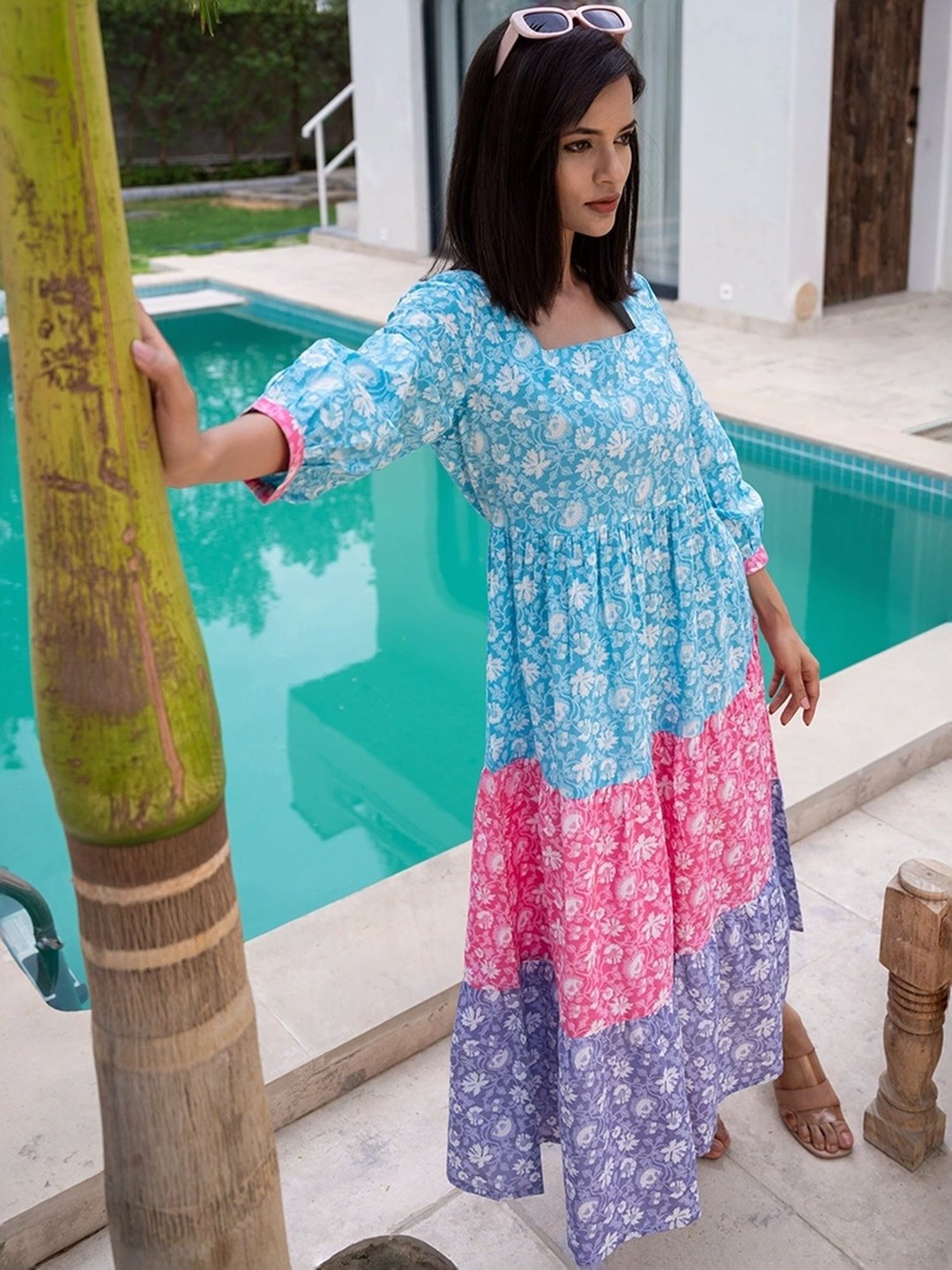 Yufta Blue Cotton Printed A-Line Dress