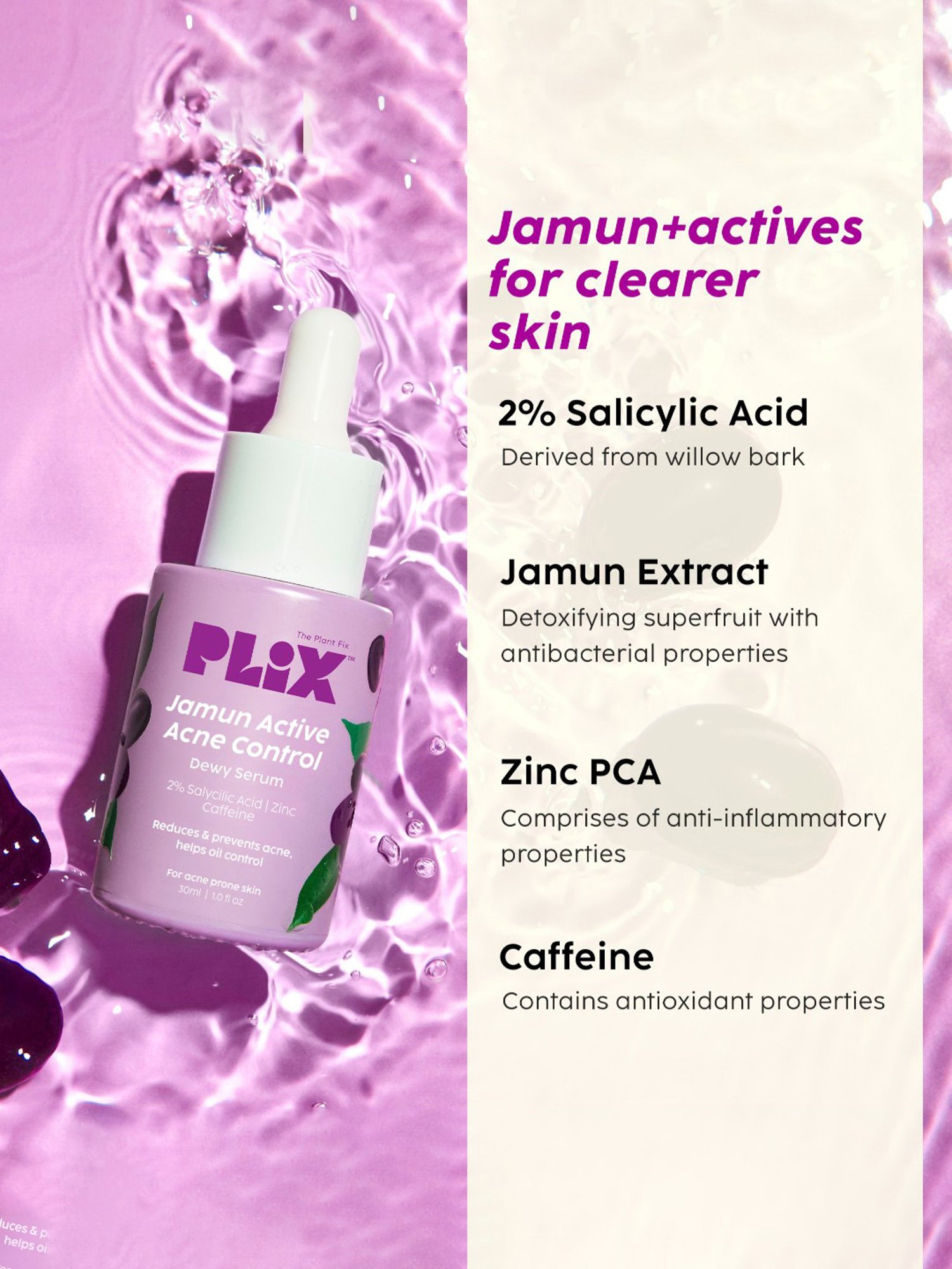 PLIX THE PLANT FIX Jamun Active Acne Juicy Cleanser, Dewy Serum & Smoothie Moisturizer Combo