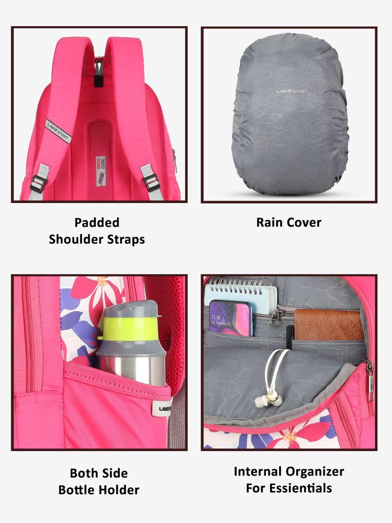 Lavie Sport Daylilies 39L Printed School Backpack with Rain cover for Girls (Magenta)