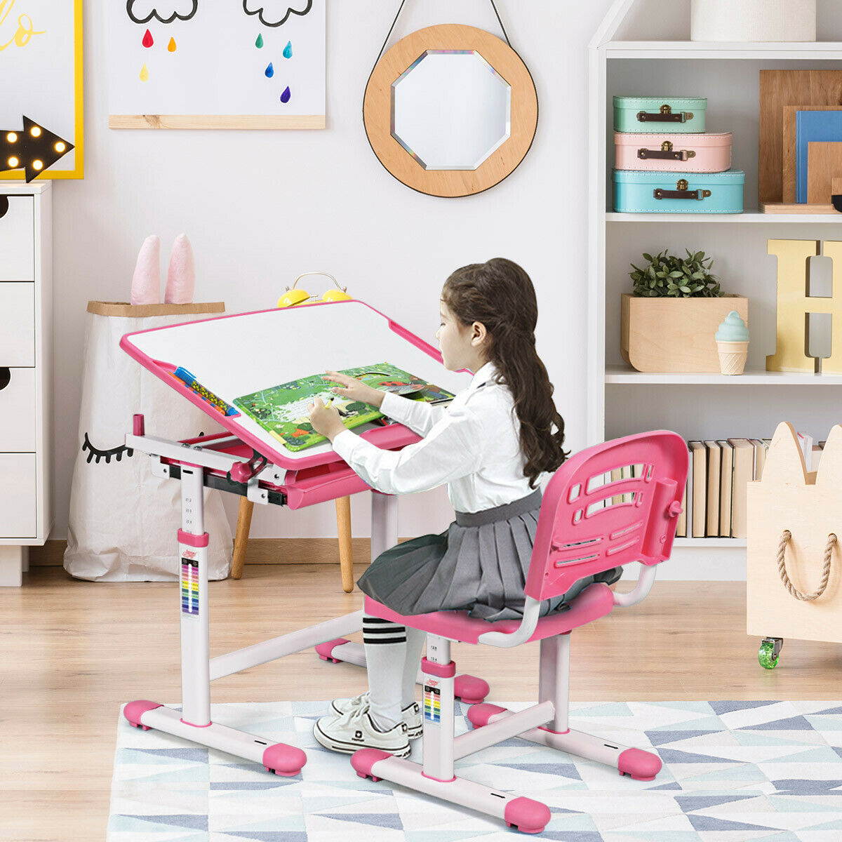 Height Adjustable Children&rsquo;s Desk Chair Set Multifunctional Study Drawing Pink