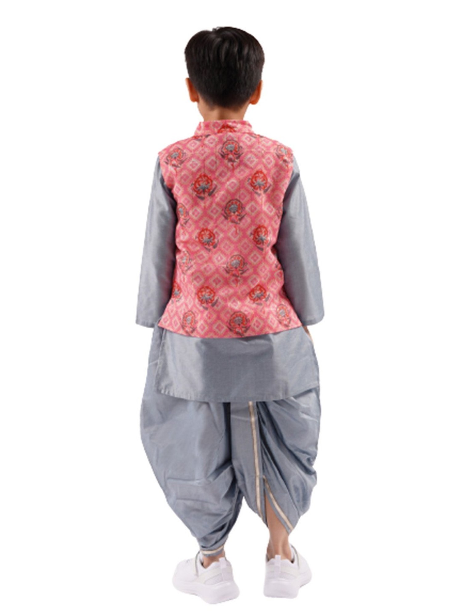 Lil Drama Kids Pink & Grey Floral Print Full Sleeves Kurta, Dhoti With Nehru Jacket