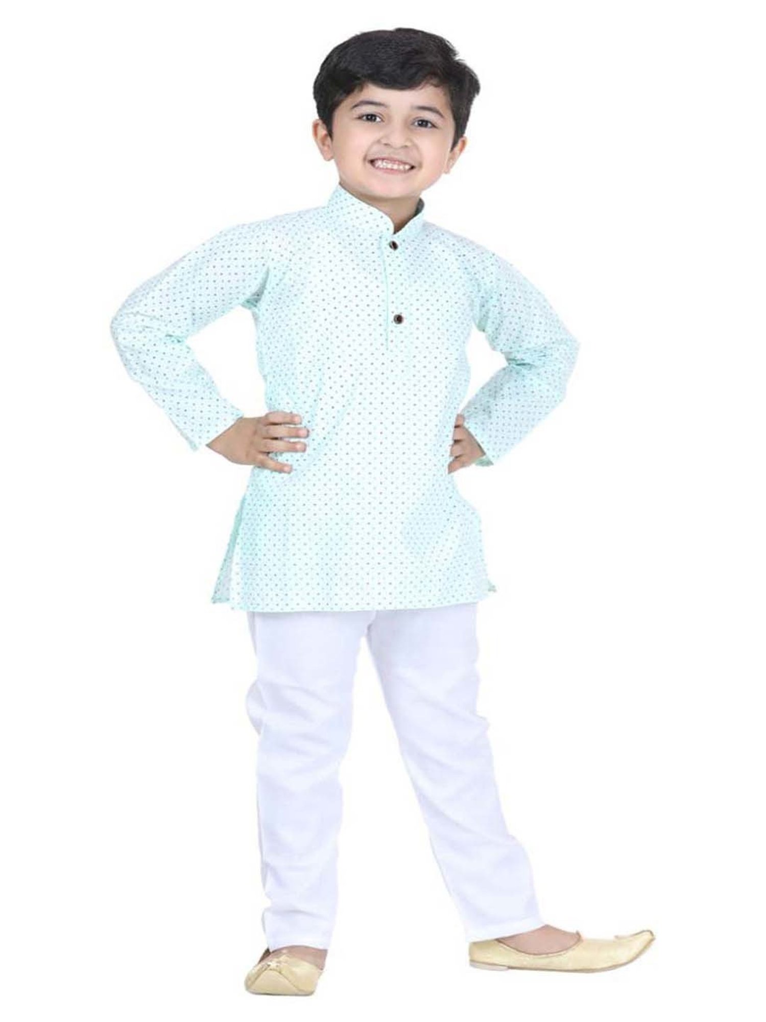 AJ Dezines Kids Blue & White Cotton Printed Full Sleeves Kurta Set