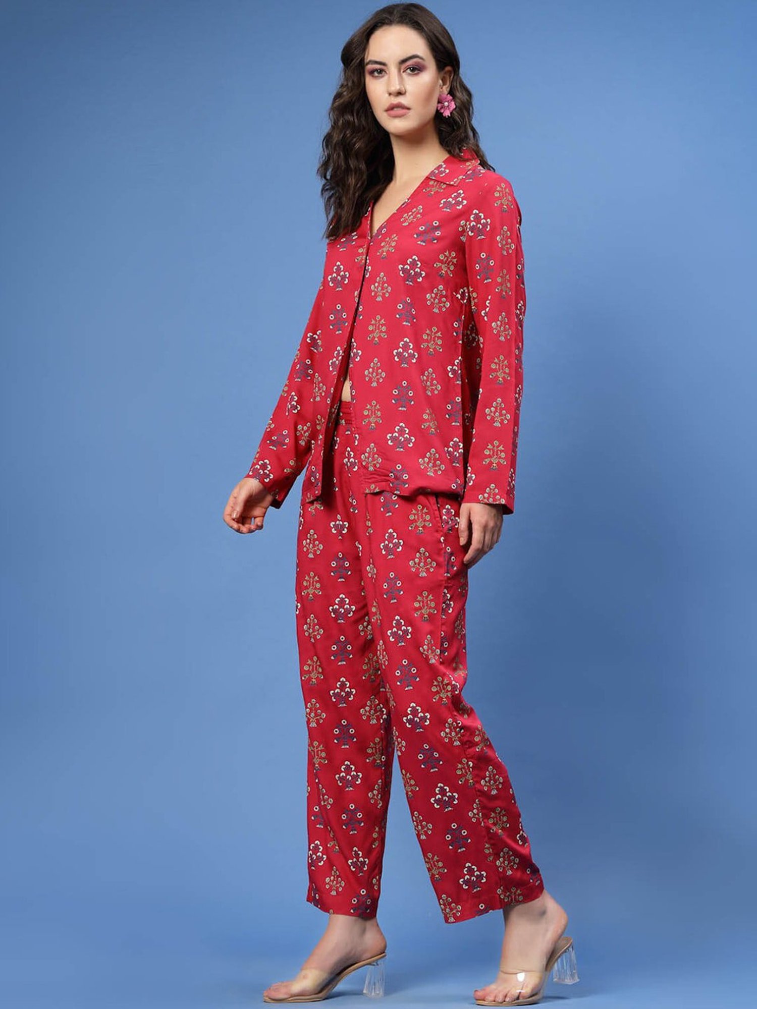 Melon by PlusS Red Floral Print Shirt With Trousers