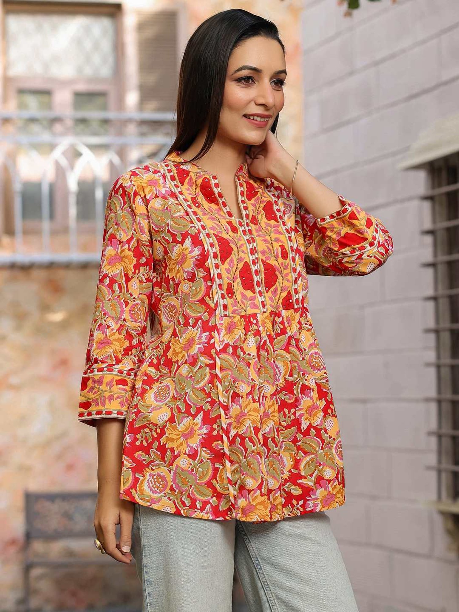 Rain and Rainbow Yellow & Red Cotton Embellished Top