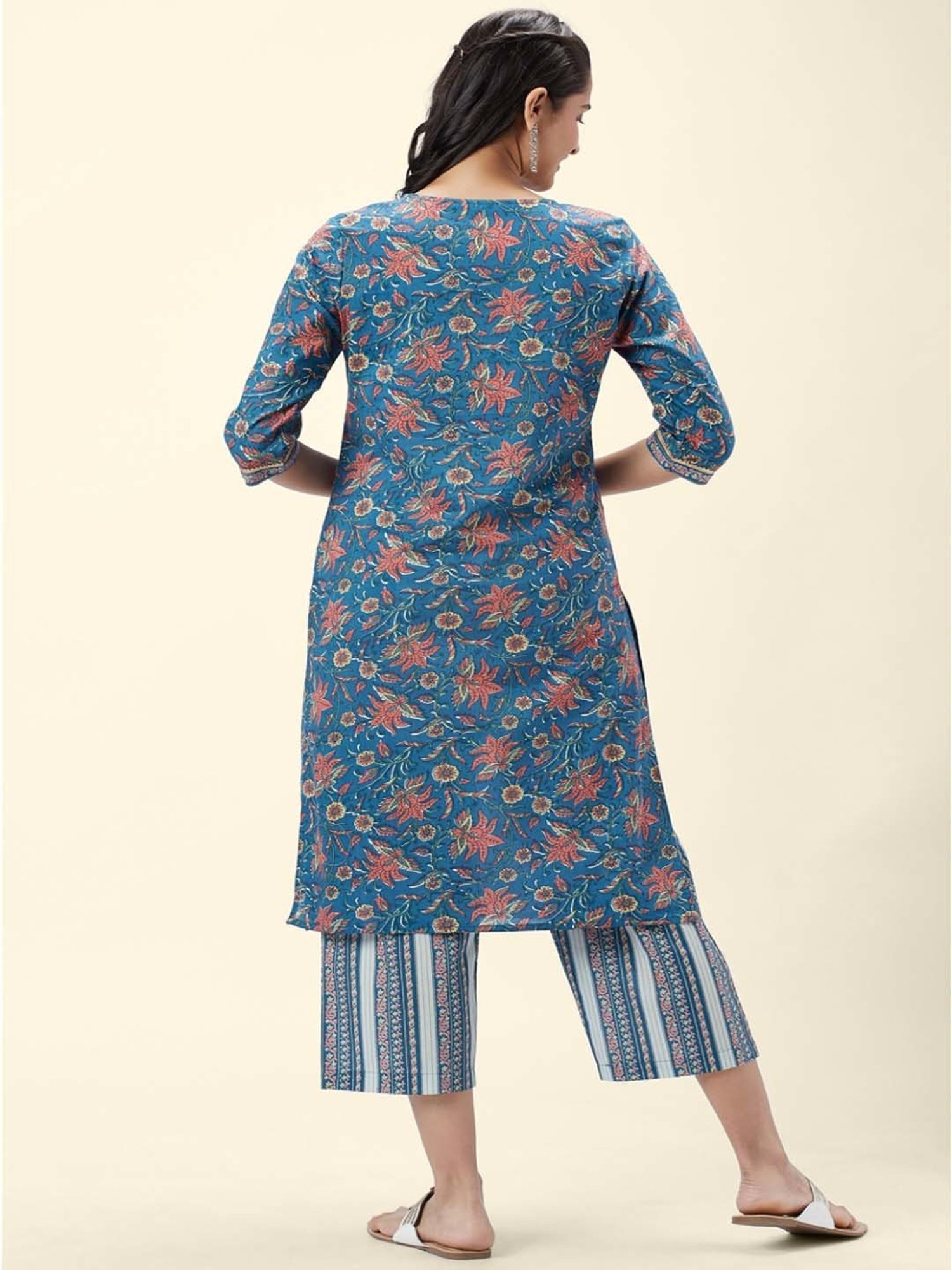 Rangmanch by Pantaloons Blue Cotton Floral Print Kurta Palazzo Set