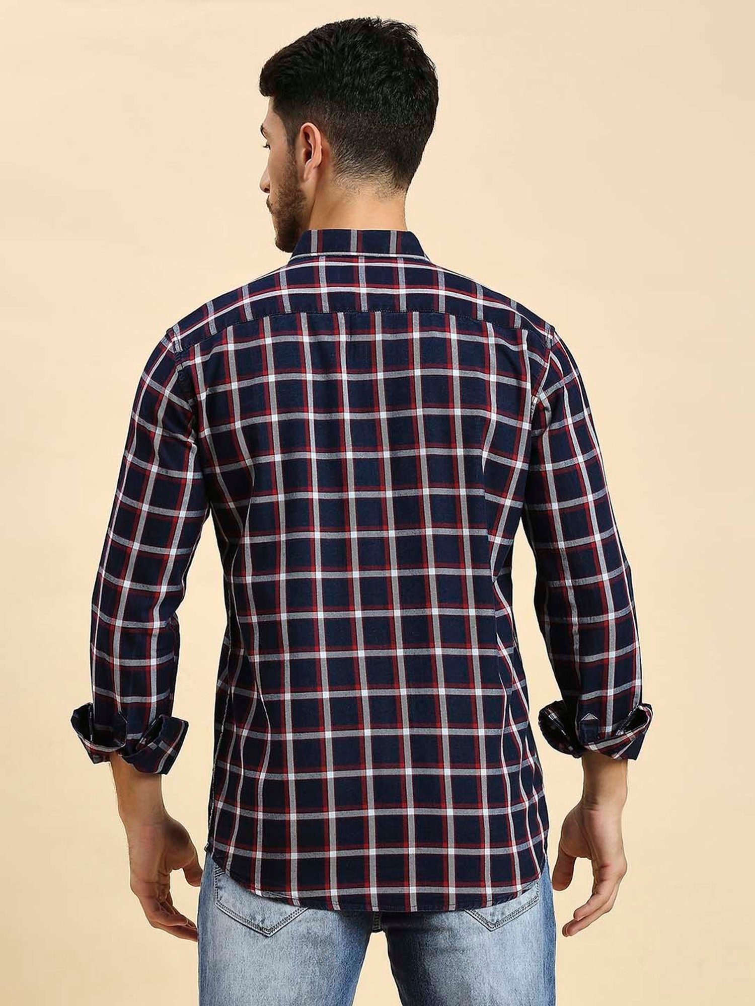 HJ HASASI Navy Slim Fit Check Cotton Shirt