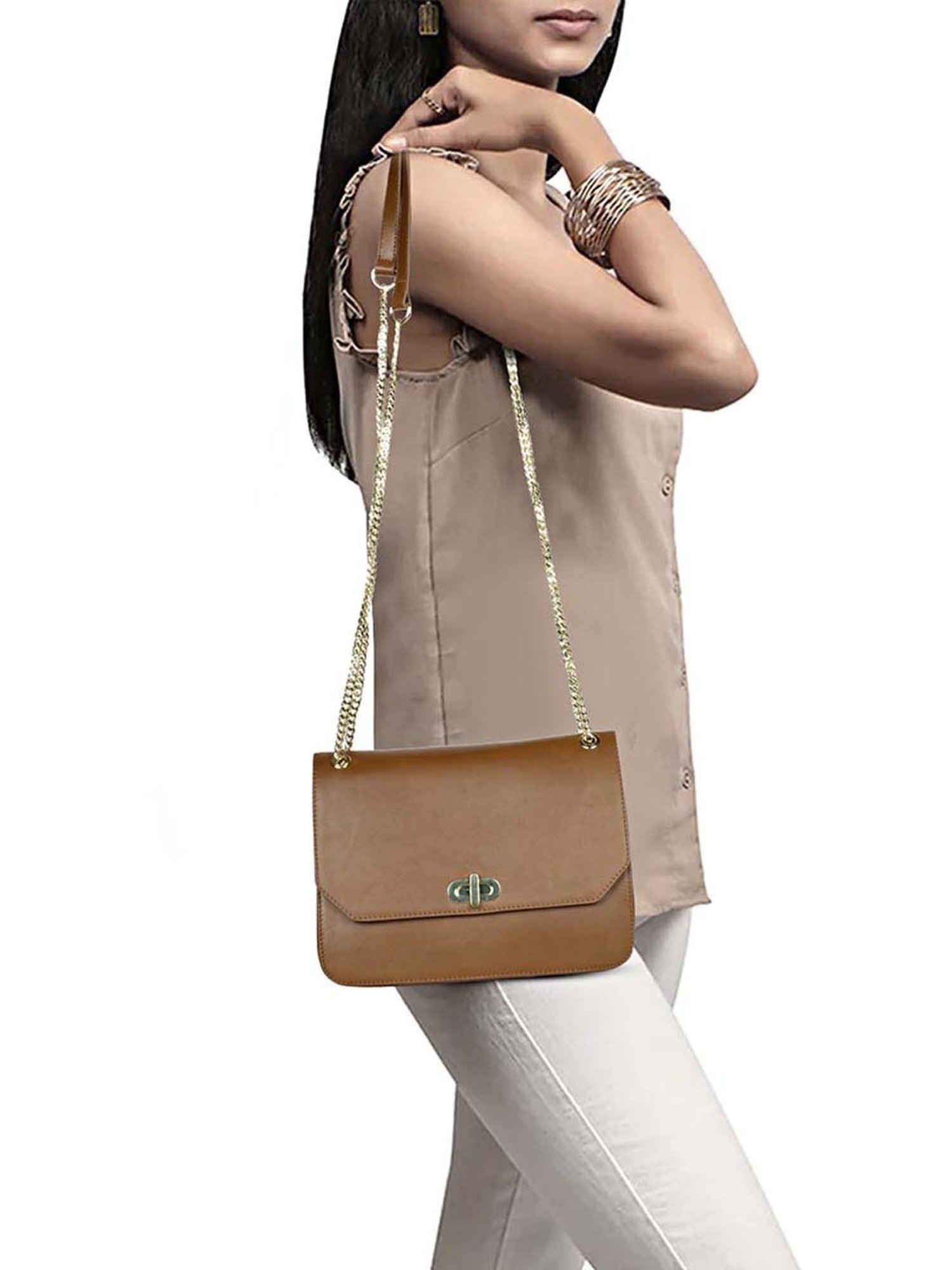 Saint G Tan Solid Medium Sling Handbag