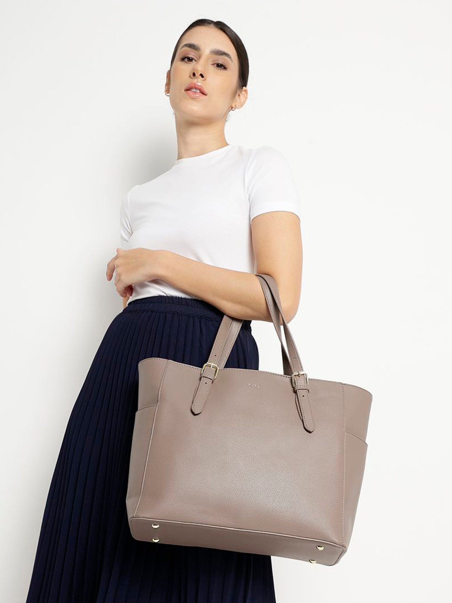 Tyra Liana Taupe Solid Faux Leather Tote Handbag