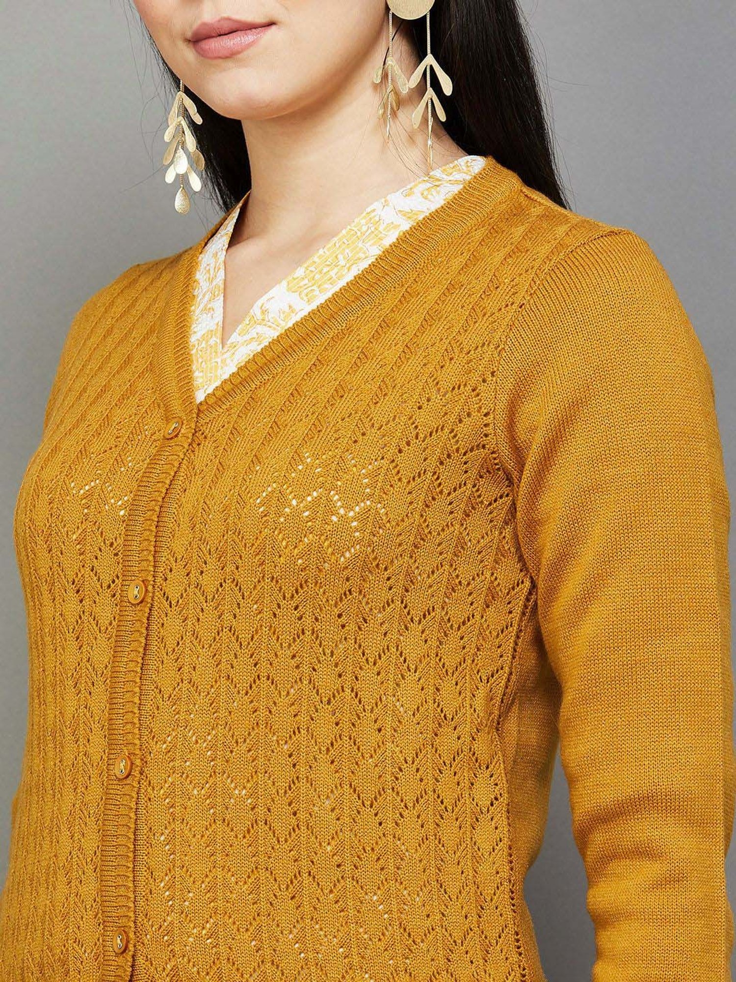 Melange by Lifestyle Yellow Self Pattern Cardigan