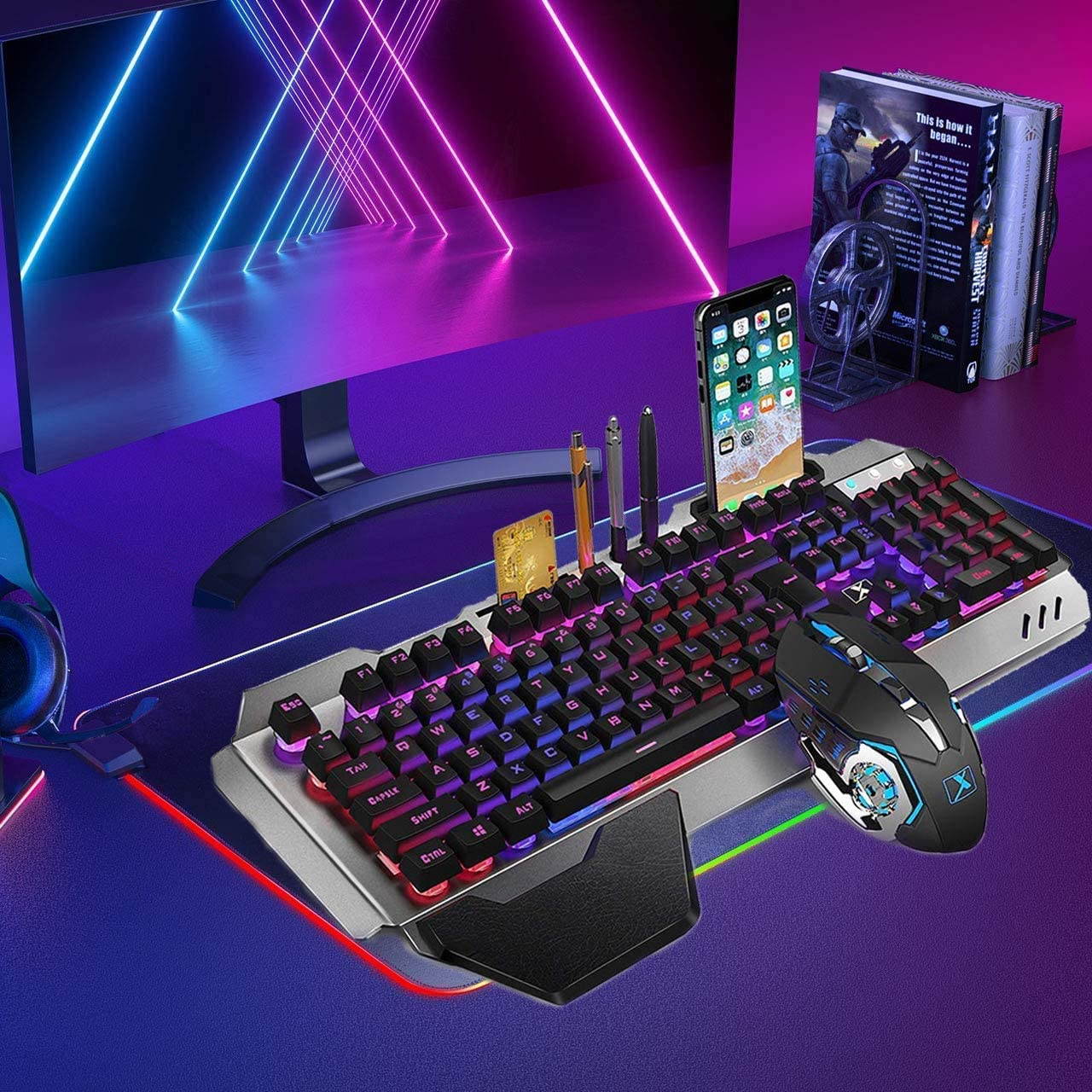 Wireless Gaming Keyboard and Mouse Combo with Rainbow LED Backlit Rechargeable  Battery Metal Panel Mechanical Keyboard