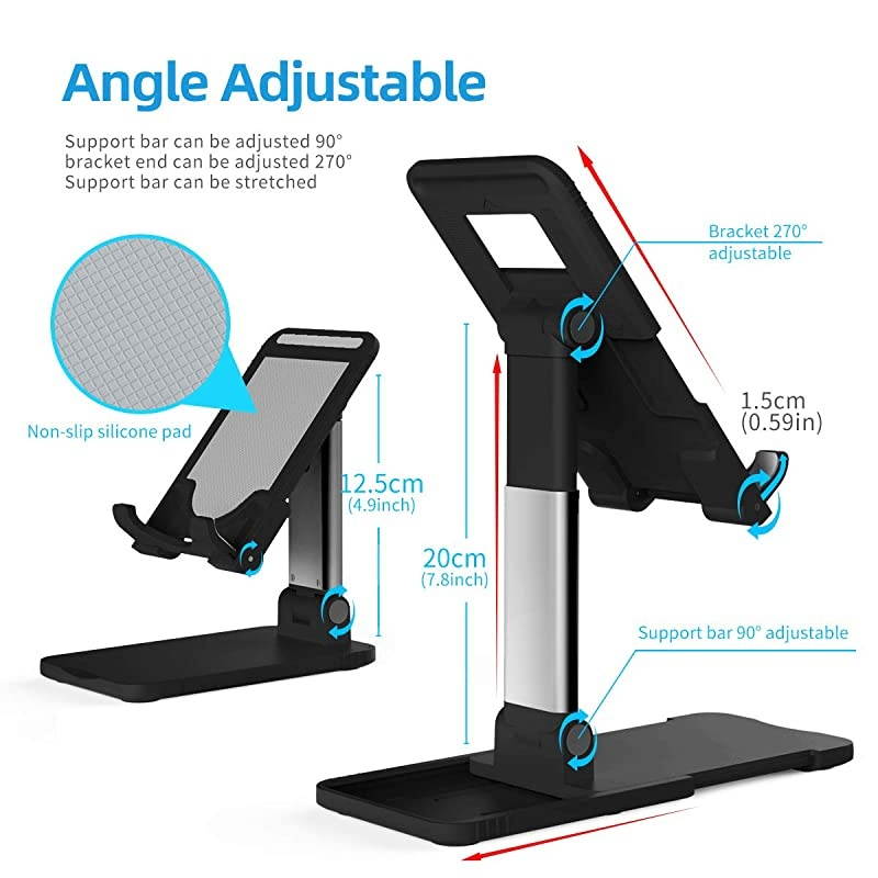 Adjustable Cell Phone Stand for Desk  Foldable Tablet Stands Portable Mobile Phone Holder Mount Compatible with Samsung Galaxy iPad Mini iPhone 11 X Xr Xs Max Smartphone KindleTablets Black