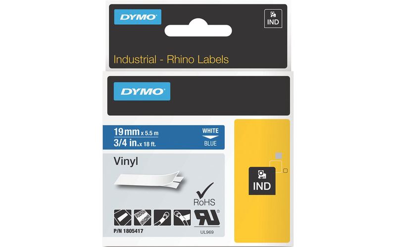Dymo White on Blue Color Coded Label - Permanent Adhesive - 3/4" Width x 18 ft Length - Thermal Transfer - Blue - Vinyl
