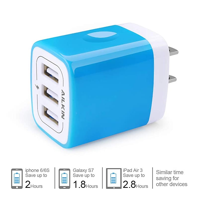 USB Charger Multi Port  Micro USB Charger Charging Block USB Wall Plug Travel Charger Outlet Fast Charger Brick USB Charging Block Compatible iPhone iPad iPhone and iWatch Blue3Port
