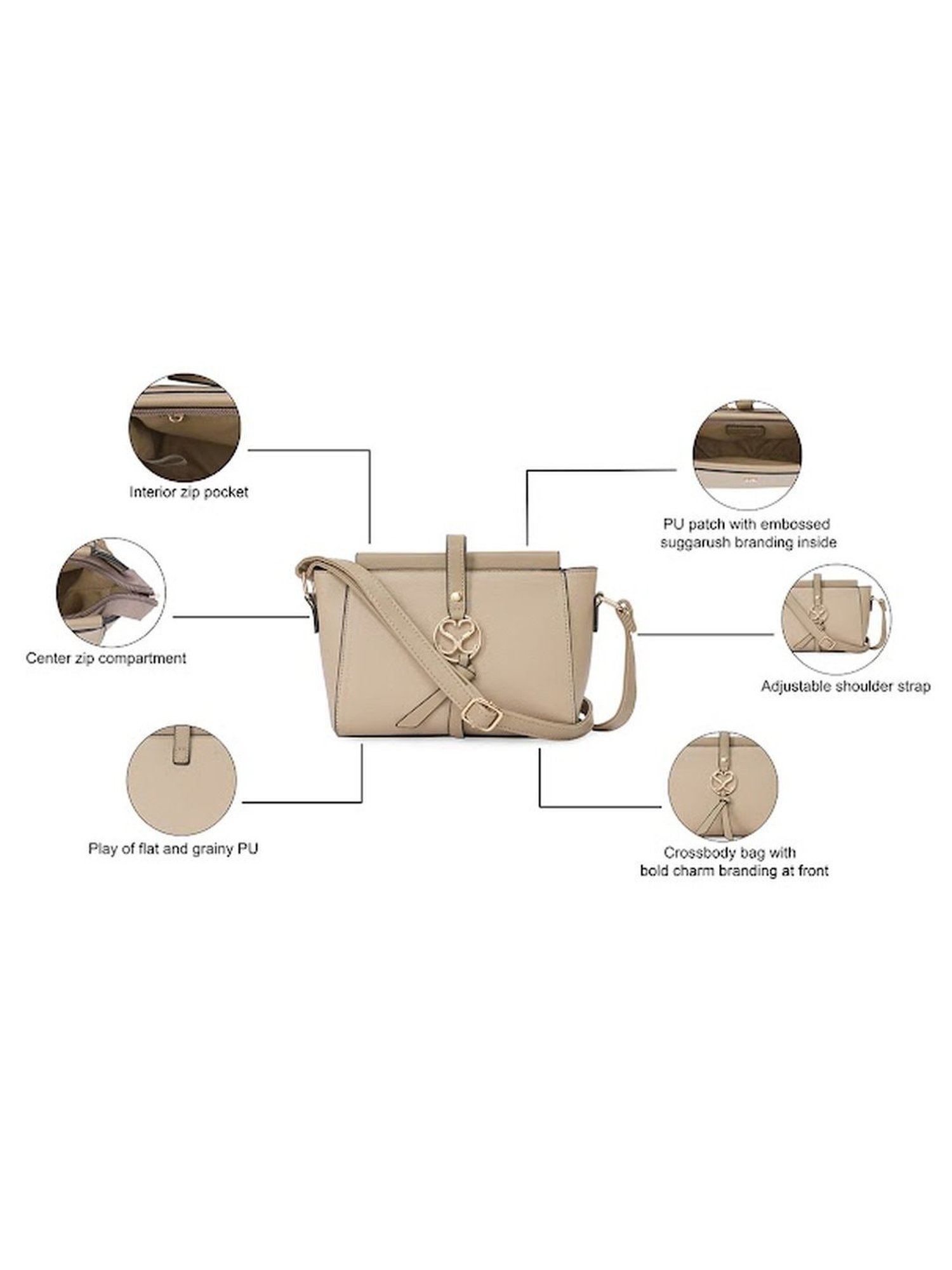 Sugarush Daliana Beige PU Solid Sling Handbag