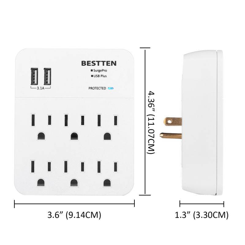 [2 Pack] BESTTEN 6-Outlet with 2 USB Charging Ports (2.4A/Port, 3.1A Totally), Wall Tap Mount Adapter Surge Protector, Muti-Plug Socket Extender, ETL Certified, White