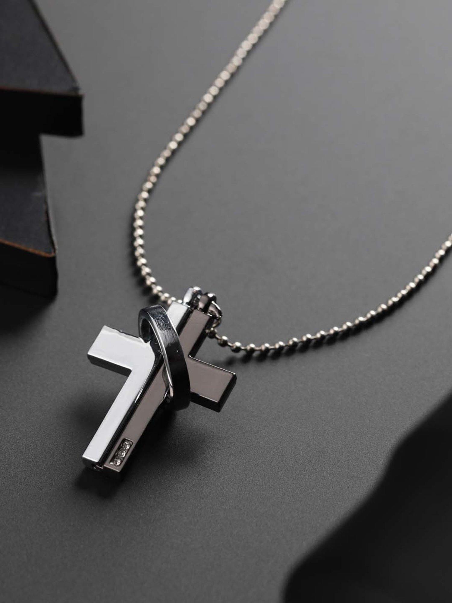Bold by Priyaasi Silver-Plated Cross Ring Chain Necklace for Men