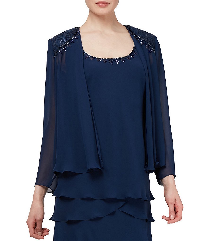 Jkara Petite Size V-Neck 3/4 Sleeve Beaded Bodice Gown