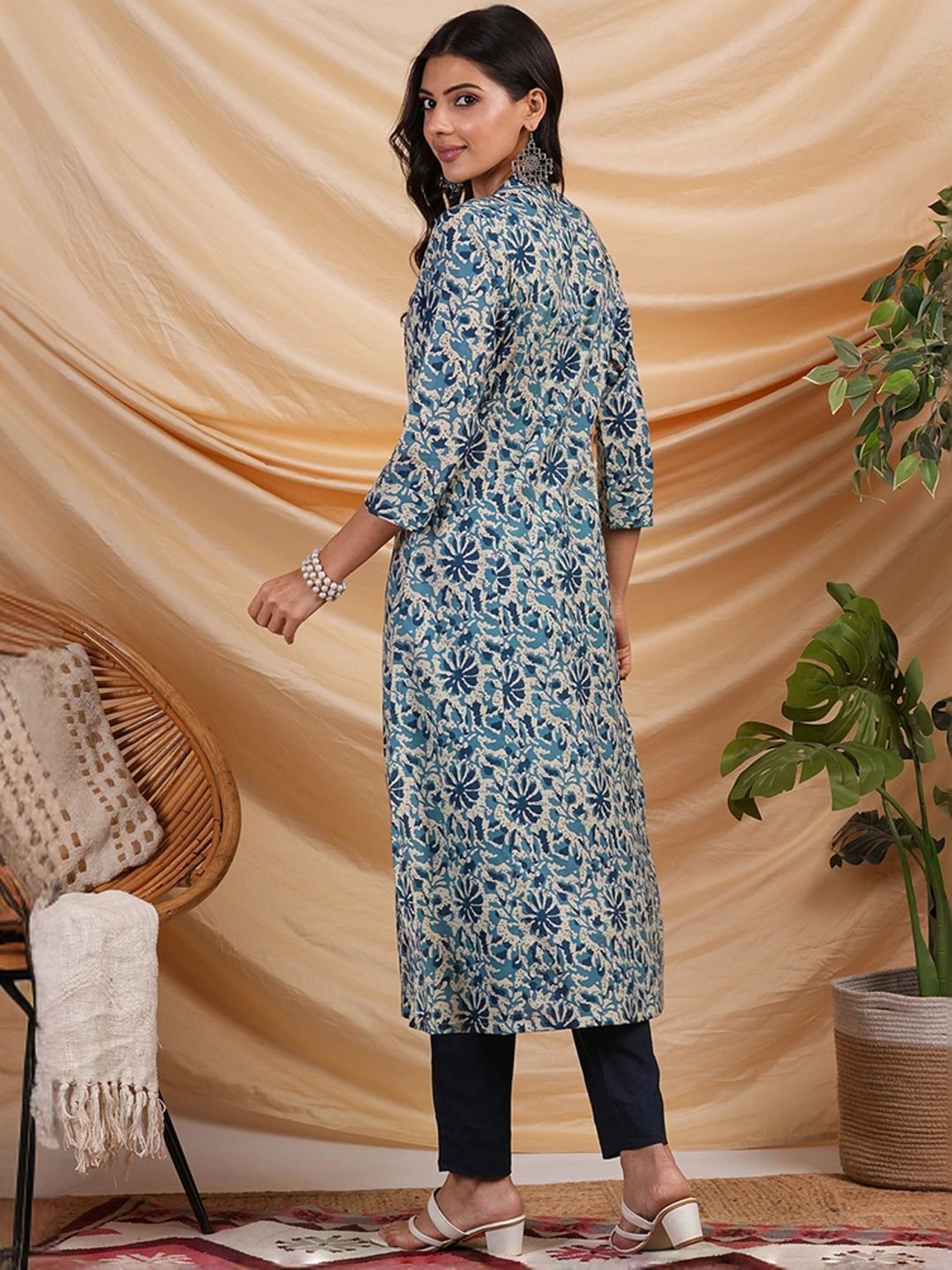 Kami Kubi Blue Cotton Printed A Line Kurta