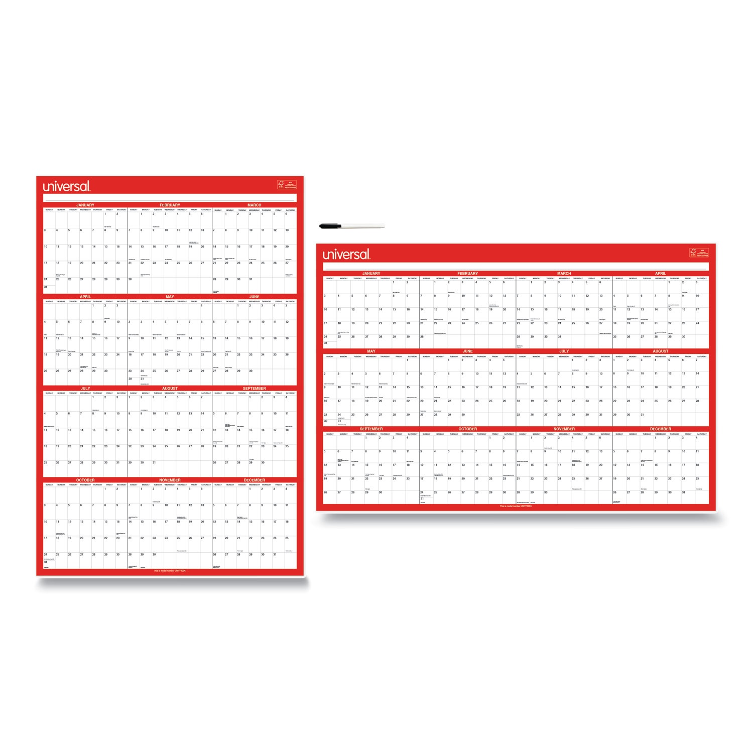 Universal Erasable Wall Calendar 24 x 36 White/Red 2021 71004