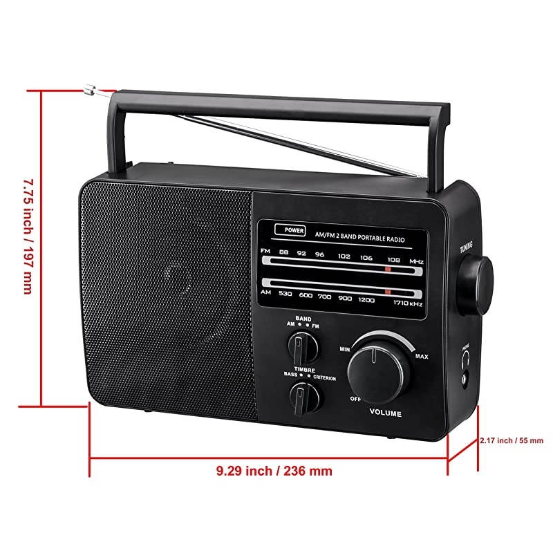 AMFM 2 Band Portable Radio AC operated or operated by dry battery D Size x 4pcs battery not included black