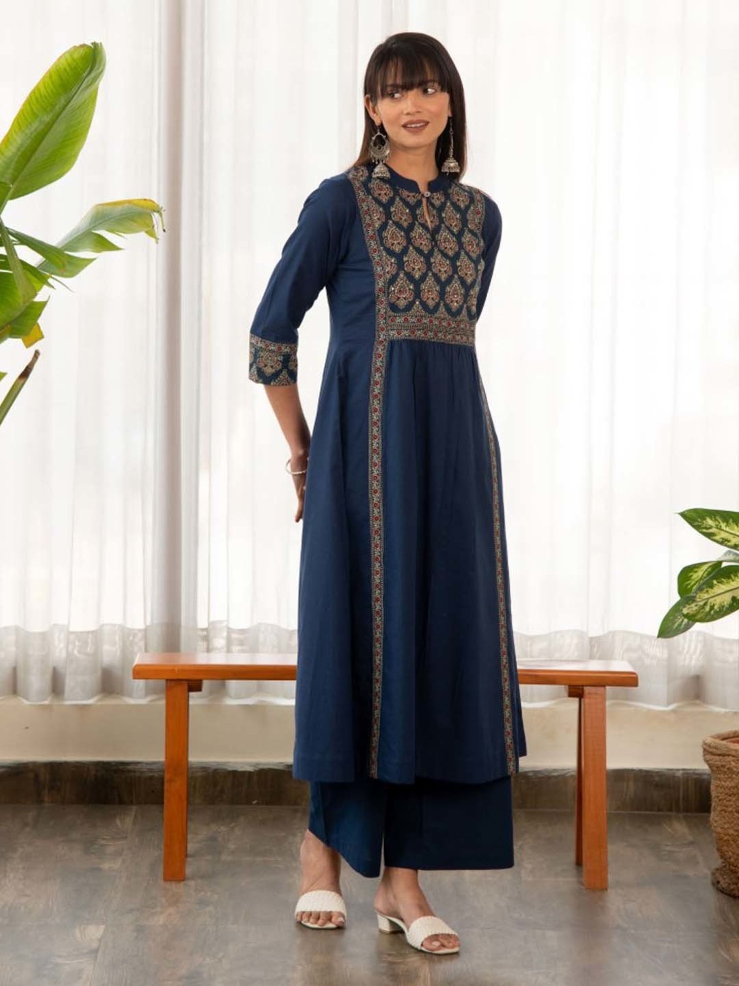 Ekohum Blue Cotton A-Line Kurta