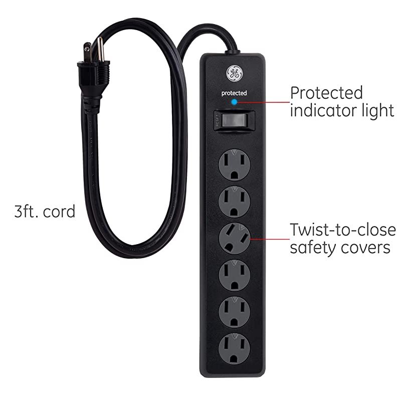 Black 6 Outlet Sur Protector 3 Ft Extension Cord Power Strip 800 Joules TwistToClose Safety Covers 47224