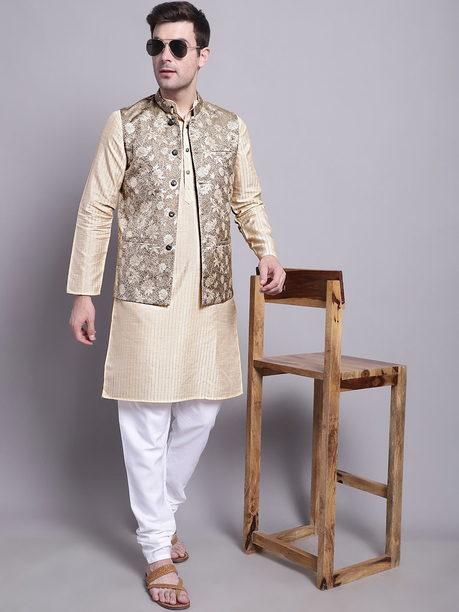 Jompers Beige Regular Fit Printed Nehru Jacket