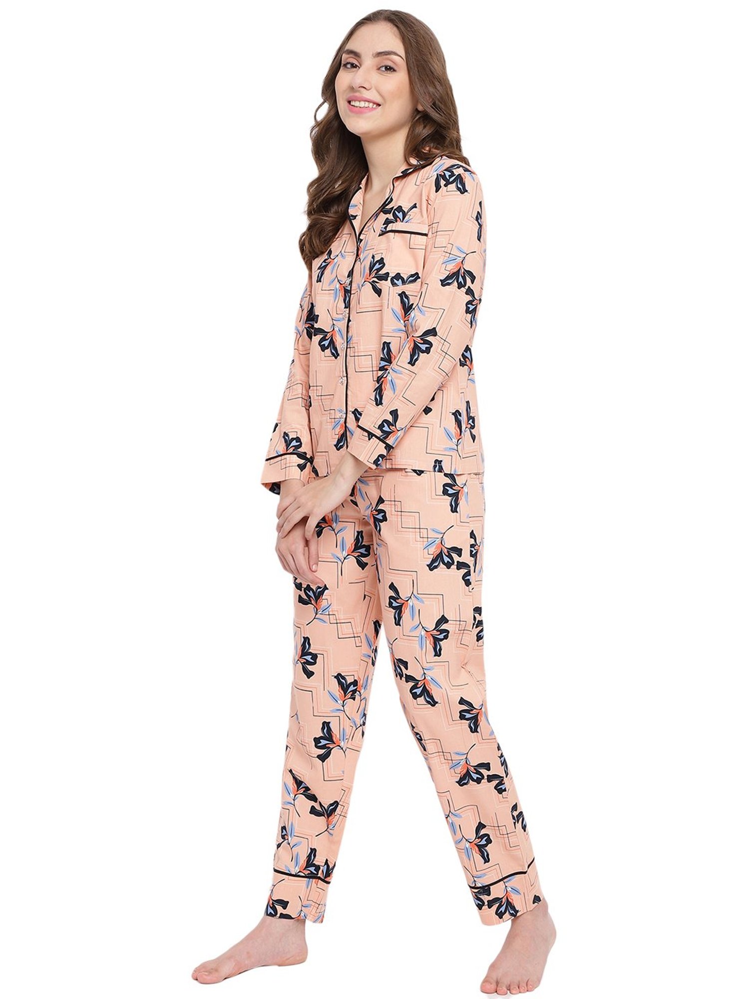La Intimo Peach Printed Shirt With Pyjamas