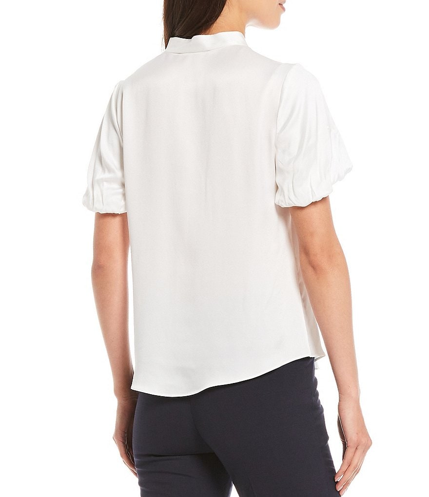 Antonio Melani Morgan Sandwashed Stretch Silk-Blend Short Puff Sleeve Mandarin Collar Neck Blouse