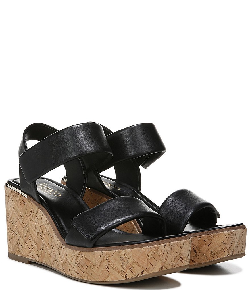 Franco Sarto Sweety Square Toe Leather Cork Platform Wedge Sandals