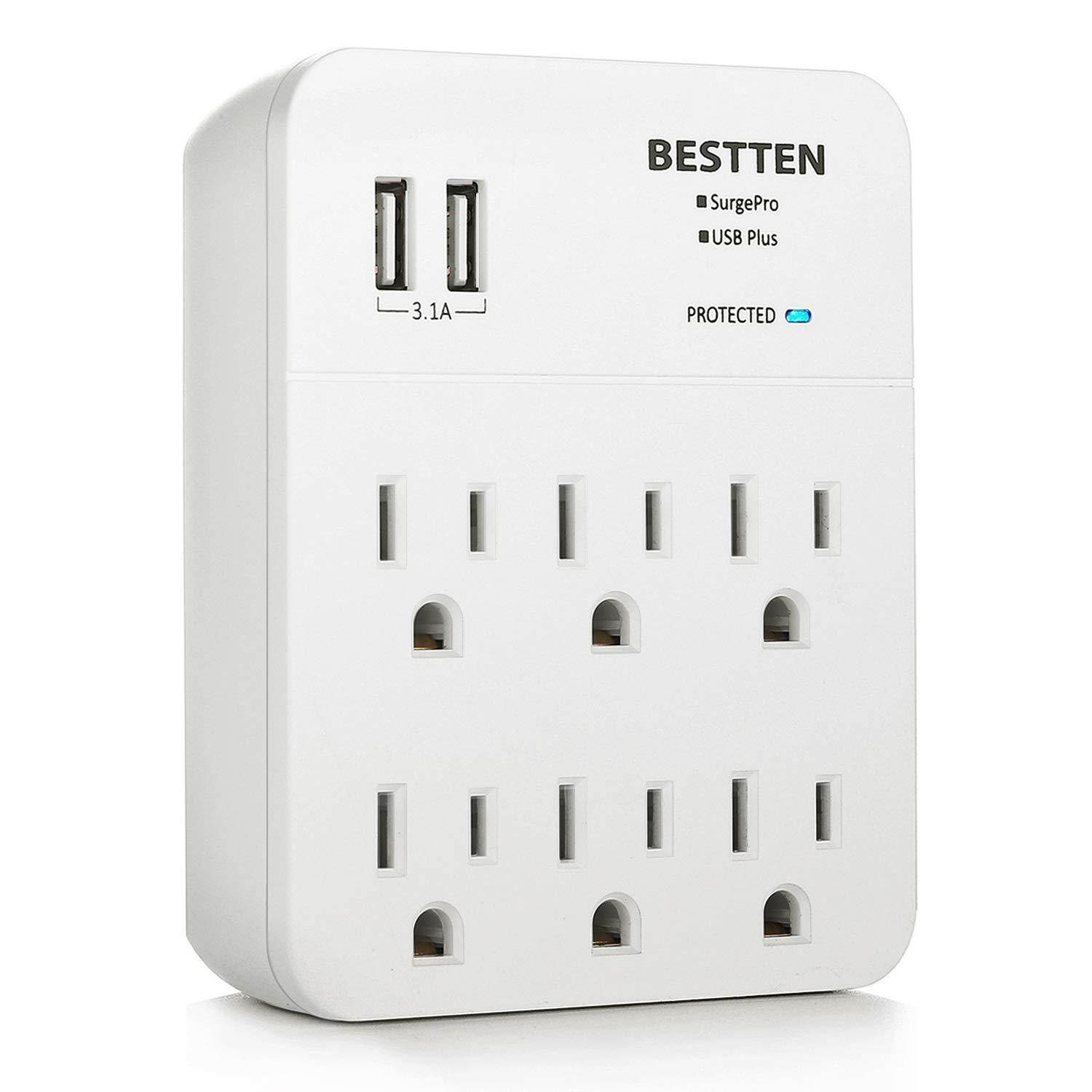 BESTTEN Multi Wall Tap Outlet Adapter Surge Protector with 2 USB Charging Ports (2.4A/Port, 3.1A Total) and 6 Electrical AC Sockets, ETL Certified, White
