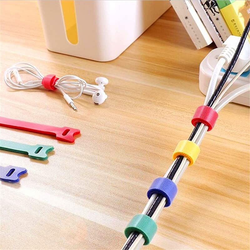 100 PCS Reusable Fastening Cable Ties 7-Inch Adjustable Cord Ties Microfiber Hook Loop Cords Management Wire Organizer Wraps (Assorted Colors)