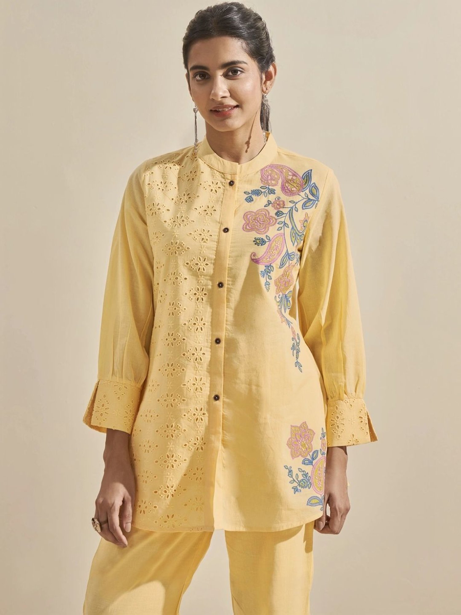 Autumnlane Yellow Cleo Lime Schiffli Cotton Shirt with Pant Co-ord Set