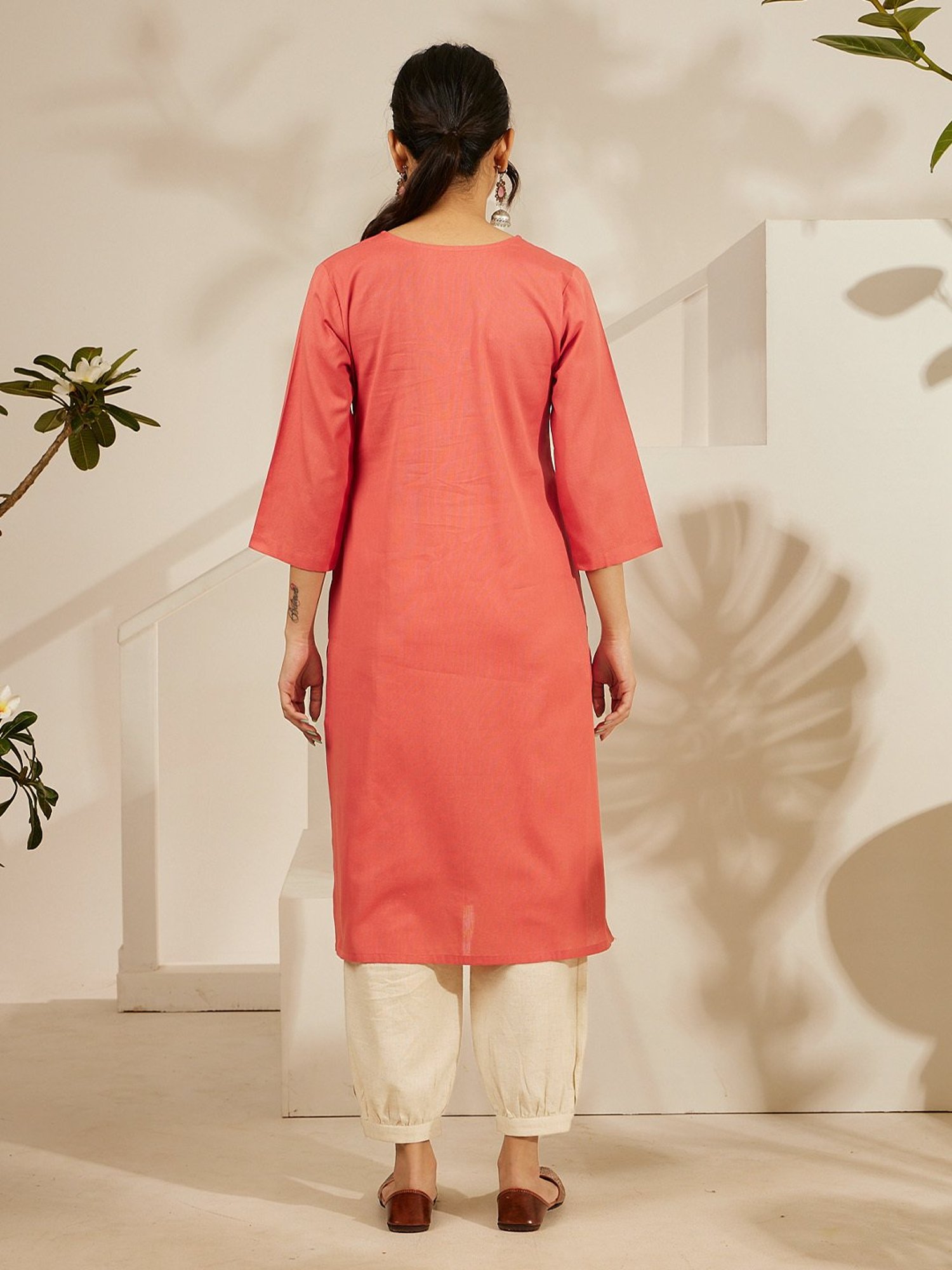 Daali Coral Poly Linen - Star Slub V Neck 3/4 Sleeves Smart Formals Kurta with Two Pockets