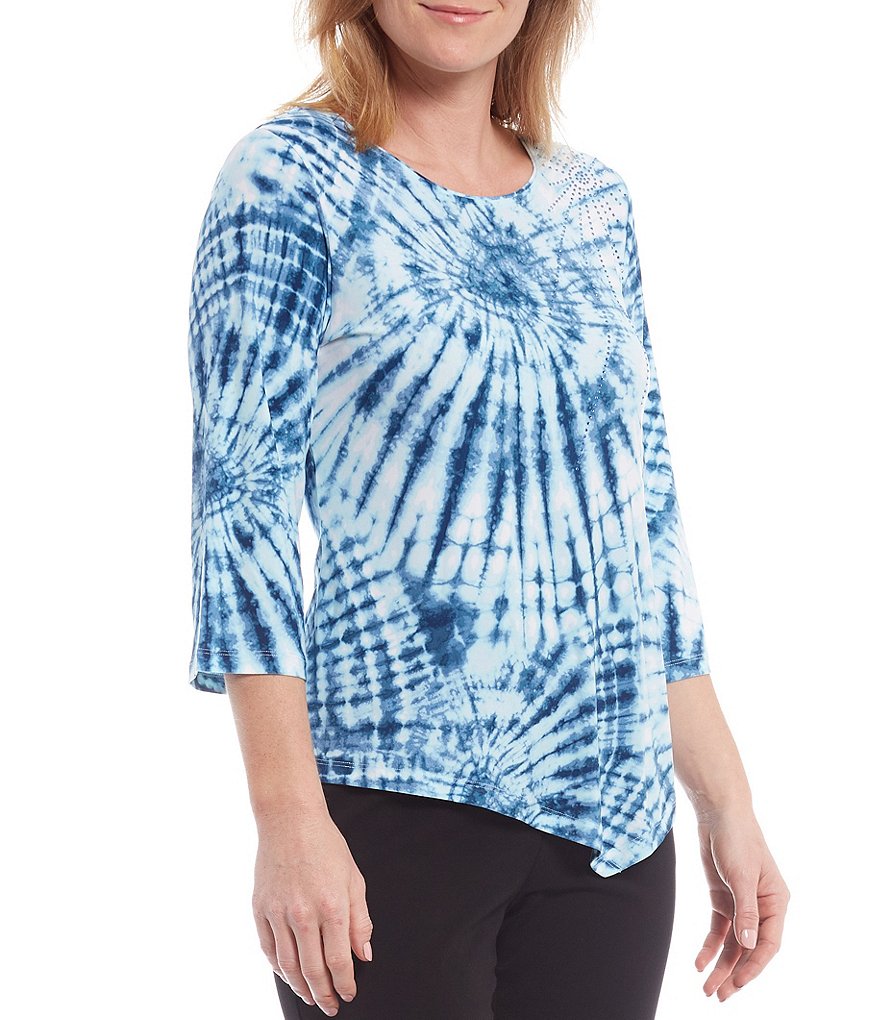 Allison Daley Petite Size Tie Dye Spiral Print Embellished Detail 3/4 Sleeve Asymmetrical Hem Top