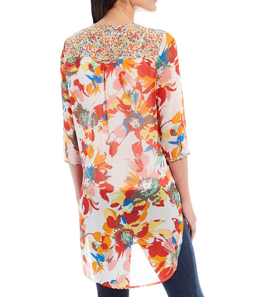 Figueroa & Flower Kendra Big Floral Print Sheer Elbow Sleeve Hi-Low Hem Tunic