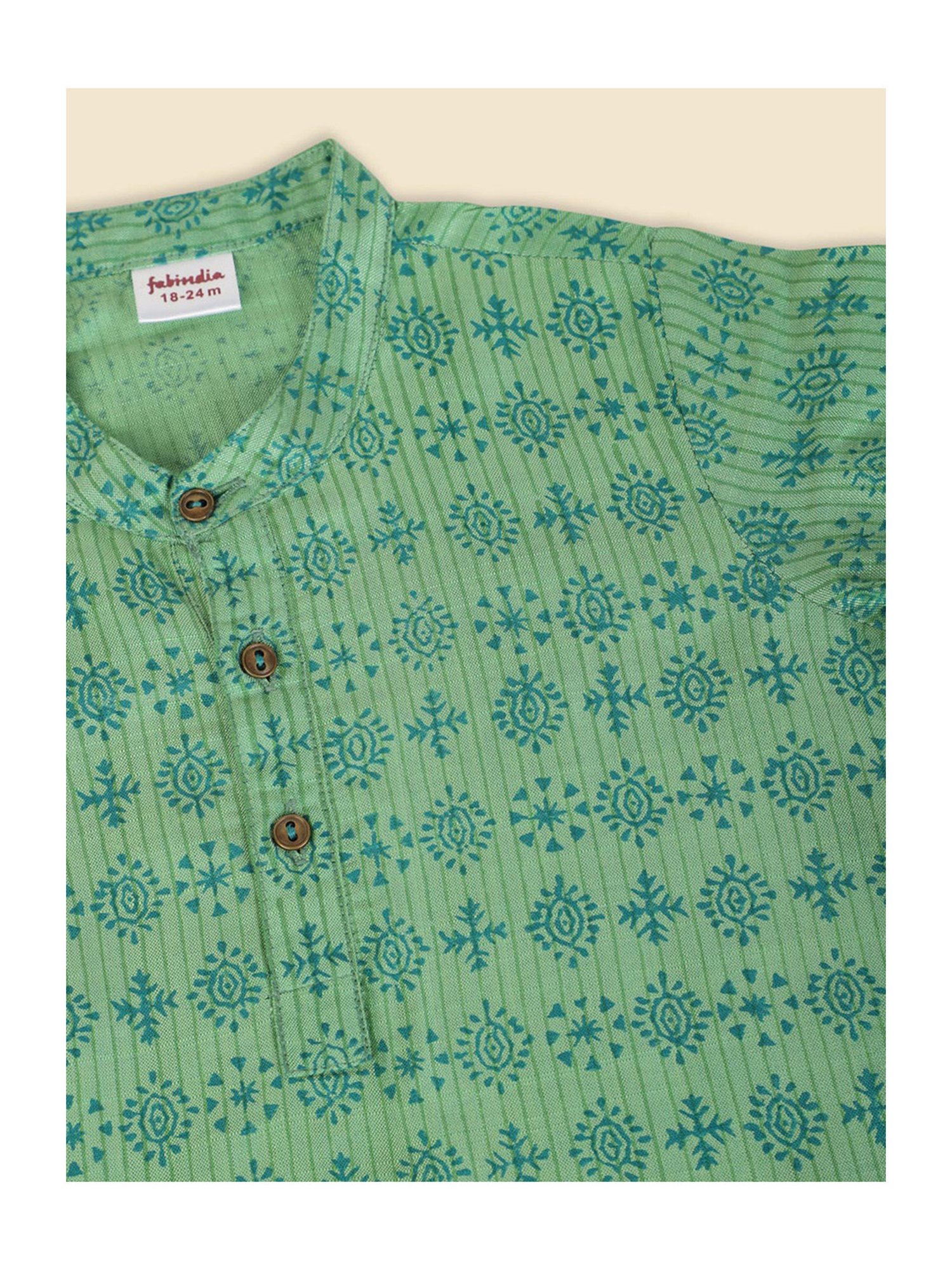 Fabindia Kids Mint Green & Beige Printed Full Sleeves Kurta with Dhoti