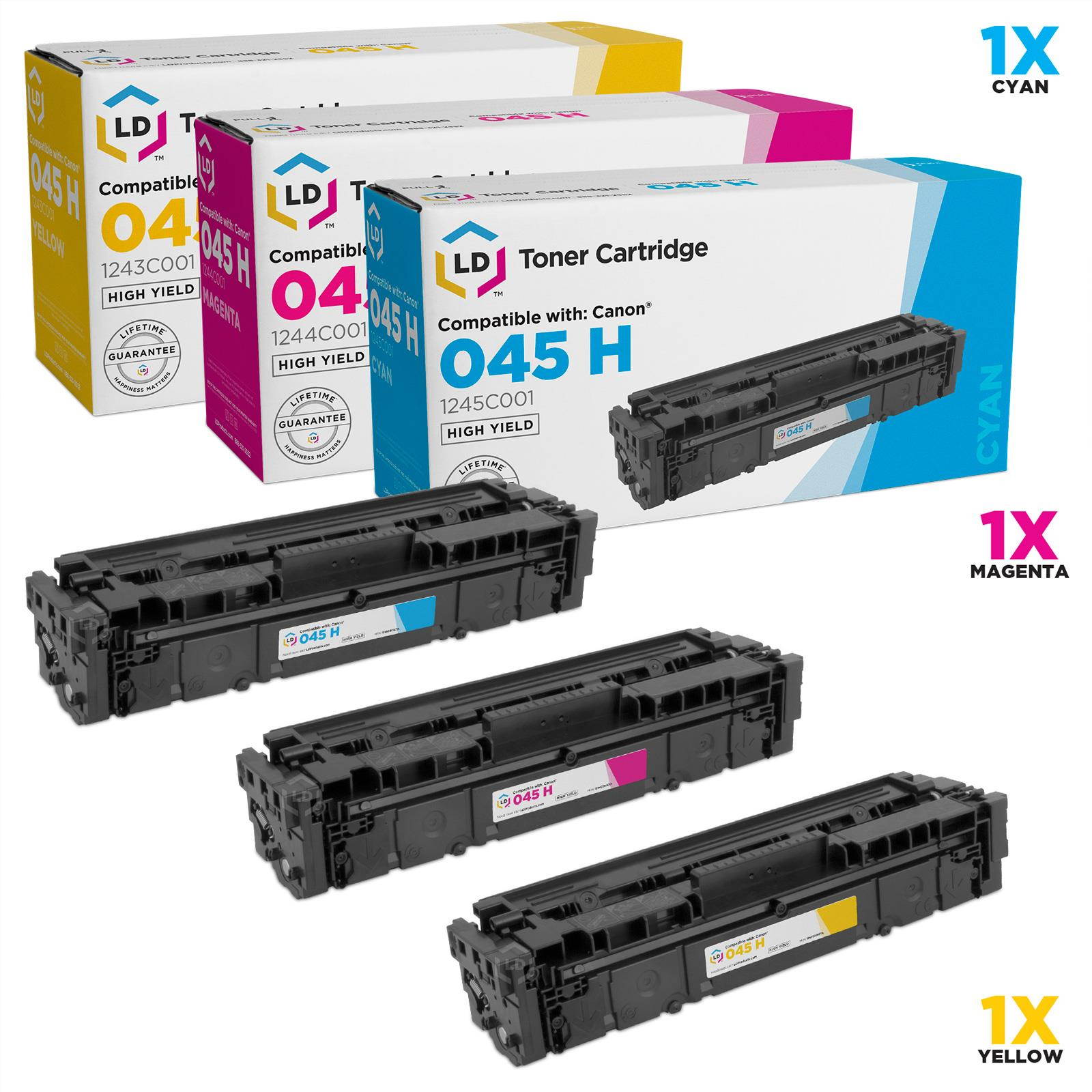 LD Compatible Replacements for Canon 045H Set of 3 High Yield Toner Cartridges: 1245C001 Cyan, 1244C001 Magenta & 1243C001 Yellow for use in ImageCLASS MF634Cdw, MF632Cdw, LBP612cdw