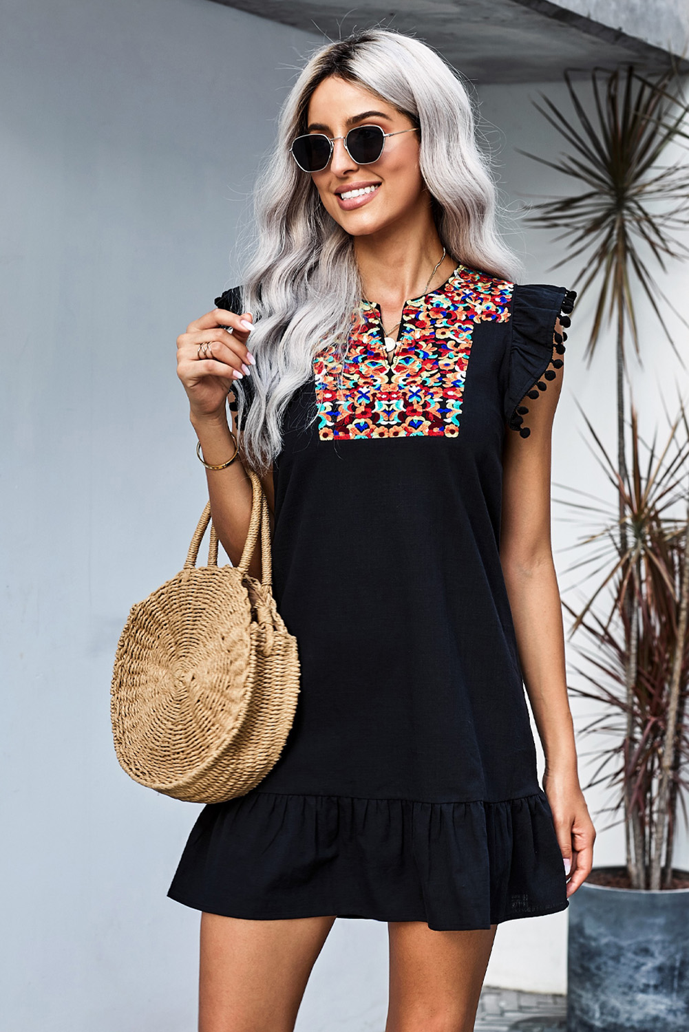 Black Pom Pom A Line Ruffled Sleeveless Short Dress